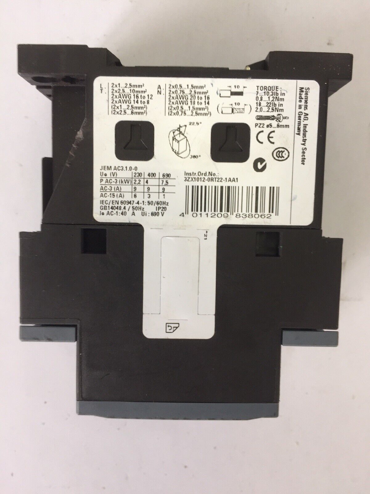 SIEMENS 3RT2023-1AN20 CONTACTOR 600VAC 3 POLE SIRIUS G/131119*E02* 220V 50/60HZ