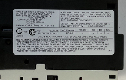 SIEMENS 3RV1021-1GA15 MOTOR STARTER 50/60HZ 600V 6.3-4.5A 6KV 82A