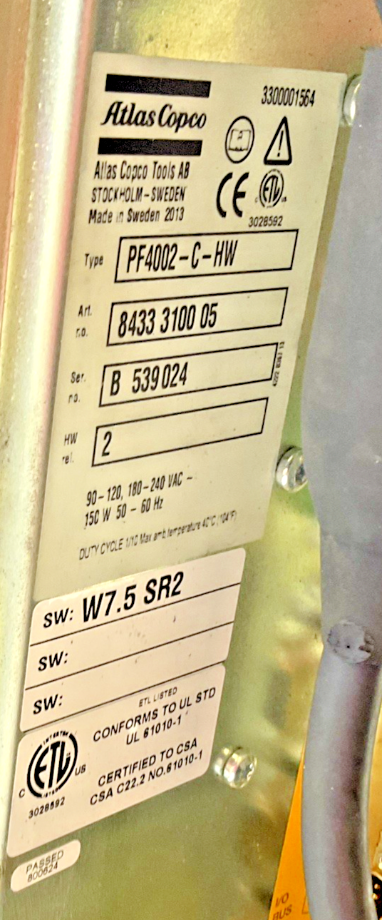 ATLAS COPCO PF4002-C-HW NUTRUNNER CONTROLLER SER.B  240VAC ETF SL21-01-106-125