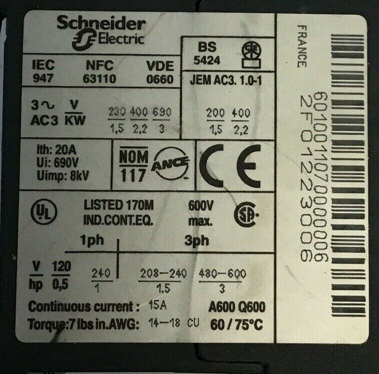 TELEMECANIQUE LC1K06 01 F7 CONTACTOR 110V 50/60HZ  ***LOTOF6***