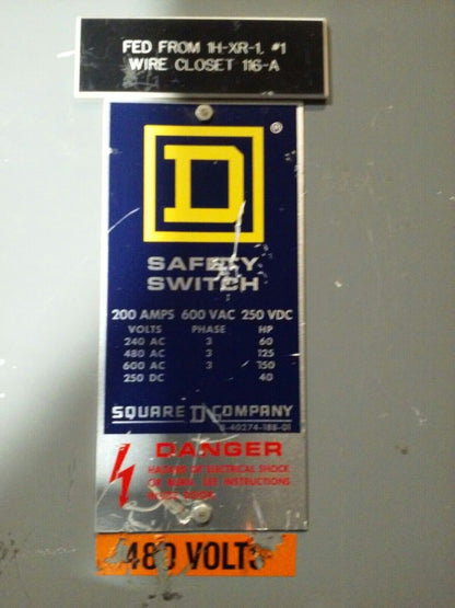 SQ. D HU364, SER. D2, SAFETY SWITCH, 200A, 600VAC/250DC, 3PH, MAX H.P. 150  USED