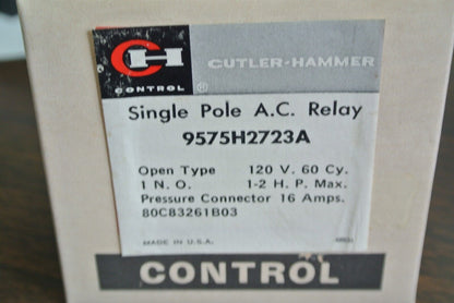 CUTLER-HAMMER CONTROL 9575H2732A SINGLE-POLE AC RELAY, 16A, 120V, 1-2HP MAX NEW