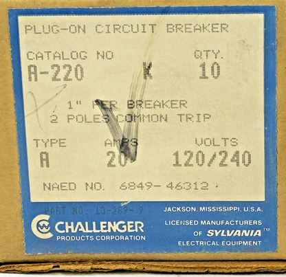 CHALLENGER *BOX OF 10* - A220K - COM. TRIP CIRCUIT BREAKERS -2 POLE/20 A/240 VAC