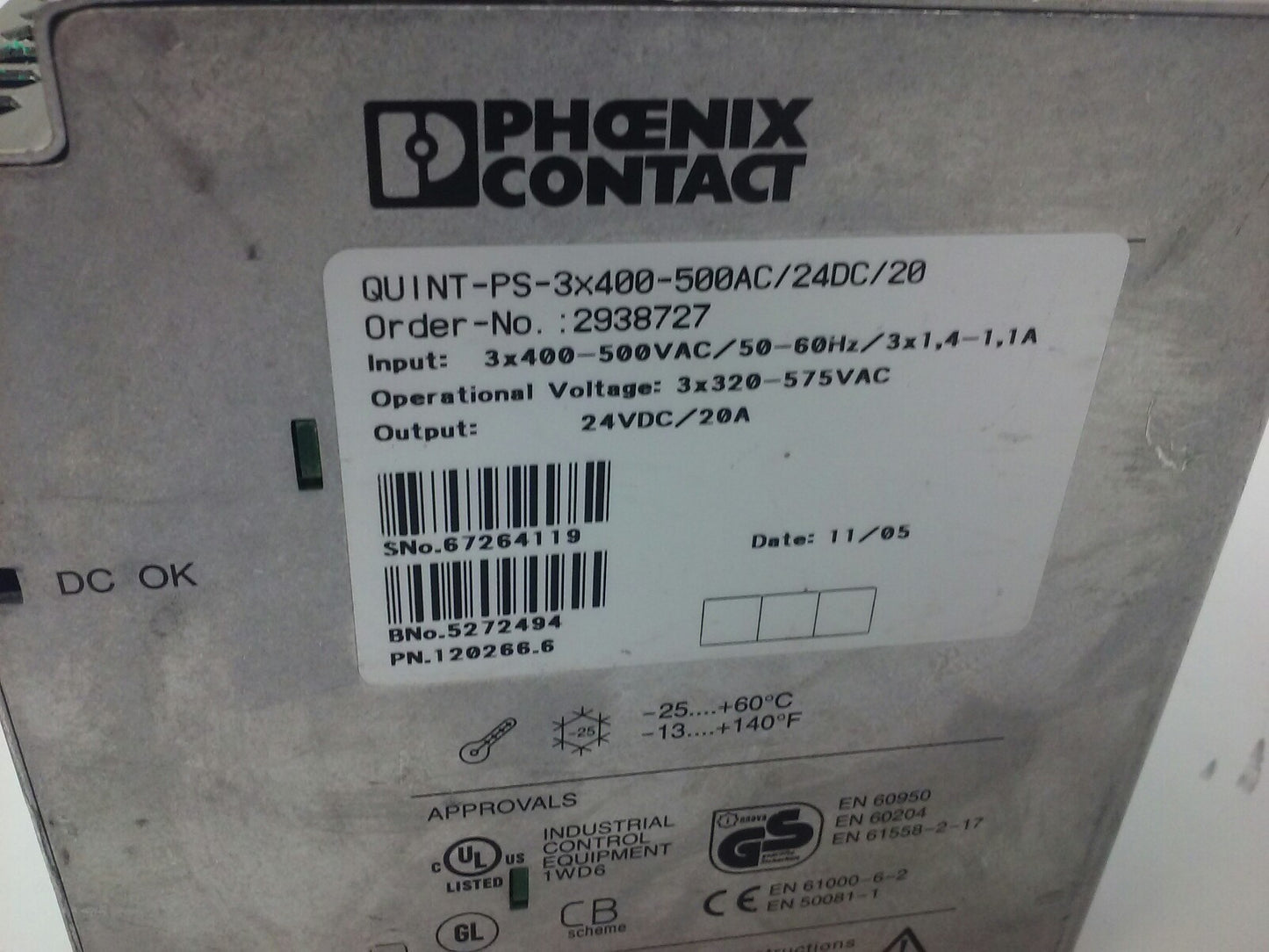 PHOENIX CONTACT POWER SUPPLY,QUINT-PS-3X400-500AC/24VDC/20 2938727