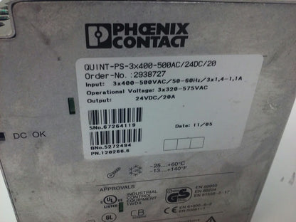 PHOENIX CONTACT POWER SUPPLY,QUINT-PS-3X400-500AC/24VDC/20 2938727