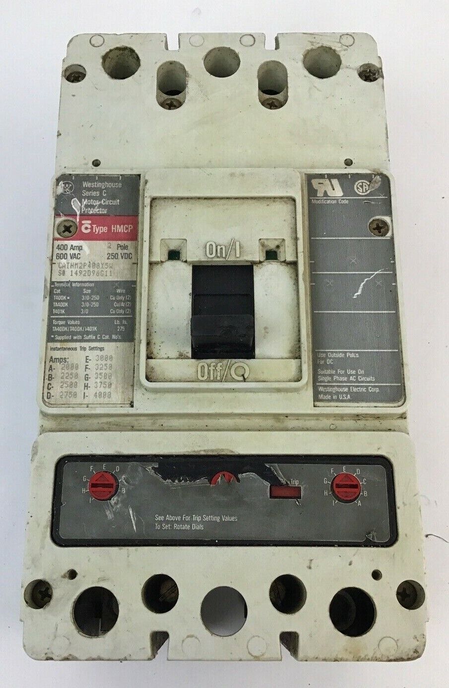 WESTINGHOUSE HM2P400X5W CIRCUIT BREAKER 400A 600VAC 250VDC TYPE HMCP