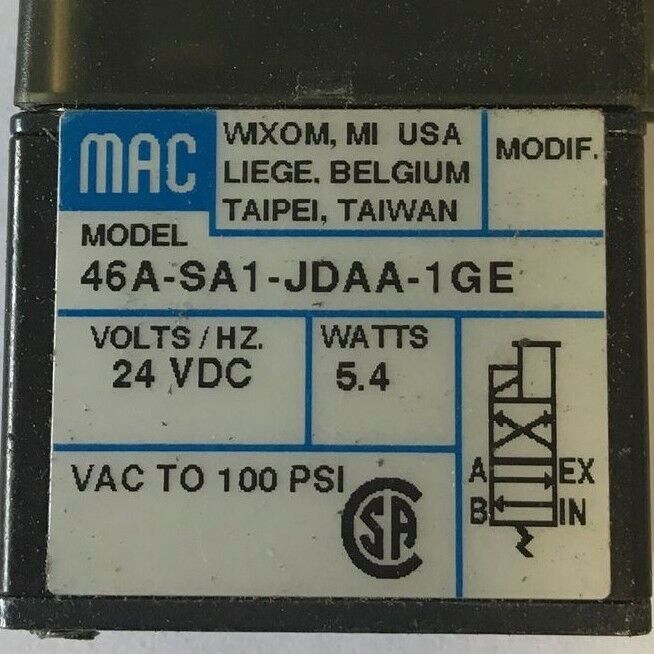 MAC 46A-SA1-JDAA-1GE SOLENOID VALVE 24VDC 5.4WATT 100PSI  ***LOTOF4***