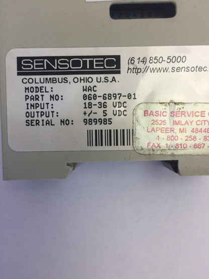 SENSOTEC MODEL WAC PART NO. 060-6897-01 INPUT 18-36 VDC OUTPUT +/- 5 VDC MODULE
