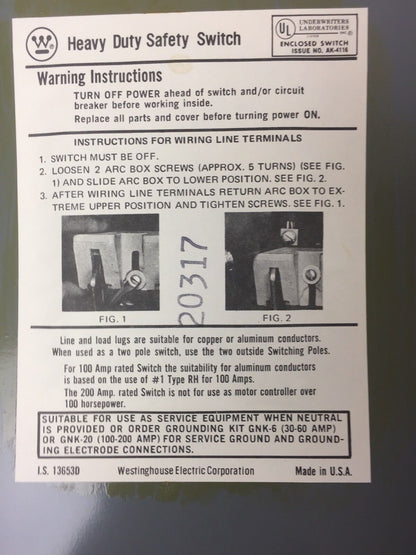 WESTINGHOUSE JHU361 HEAVY DUTY SAFETY SWITCH 600 VAC 480 VAC 240 VAC 30 AMP