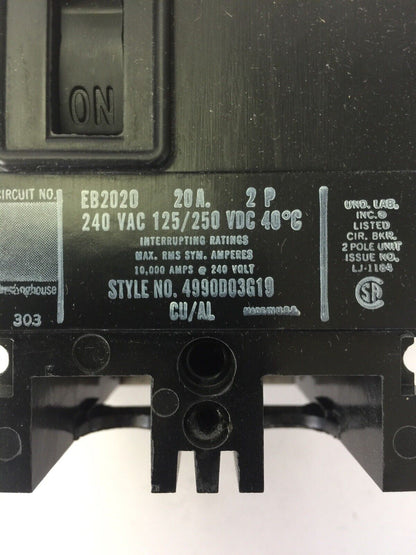 WESTINGHOUSE EB2020 EB 40C THERM MAG BKR 2P 20A 240 VAC 125/250 VDC