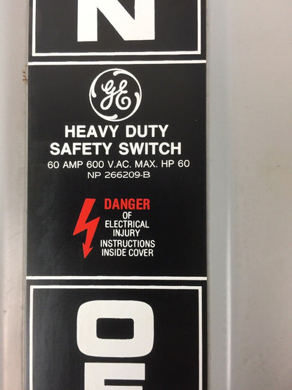 GE THN3362 SAFETY SWITCH 60AMP 600VAC 250VDC 3 PHASE 60 HP TYPE 1 INDOOR MOD 7