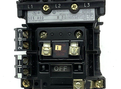 ALLEN BRADLEY 509-A0D STARTER SER.B W/CB236 COIL & AUX. CONTACT 595-A(2)