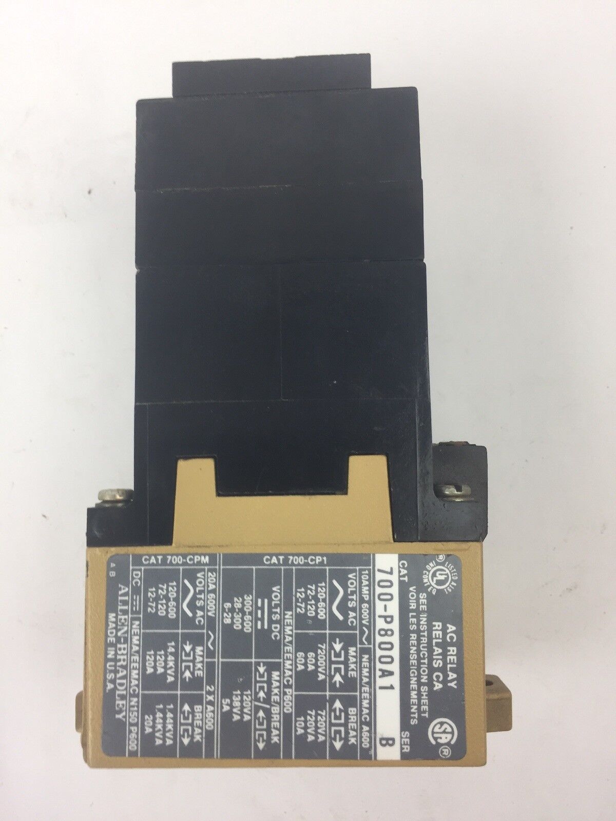 ALLEN BRADLEY 700-P800A1 AC RELAY 115-120V 60HZ 110V 50HZ SER B