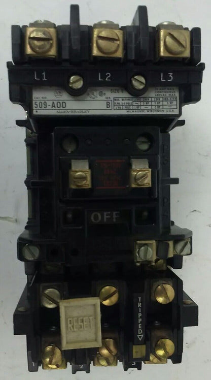 ALLEN BRADLEY 509-AOD, SER. B, STARTER, SIZE 0, 600V, 18A, 5 H.P.,120V COIL,USED