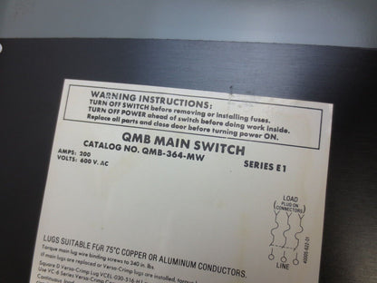 SQUARE D QMB-364-MW FUSIBLE PANEL SWITCH - 600VAC, 200A, 3-POLE