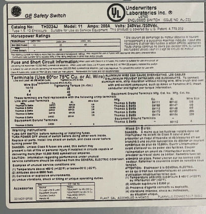 GE TH3224J MODEL 11 FUSIBLE SAFETY SWITCH 200A 240VAC 250VDC 60HP 2P TYPE 1,5,12