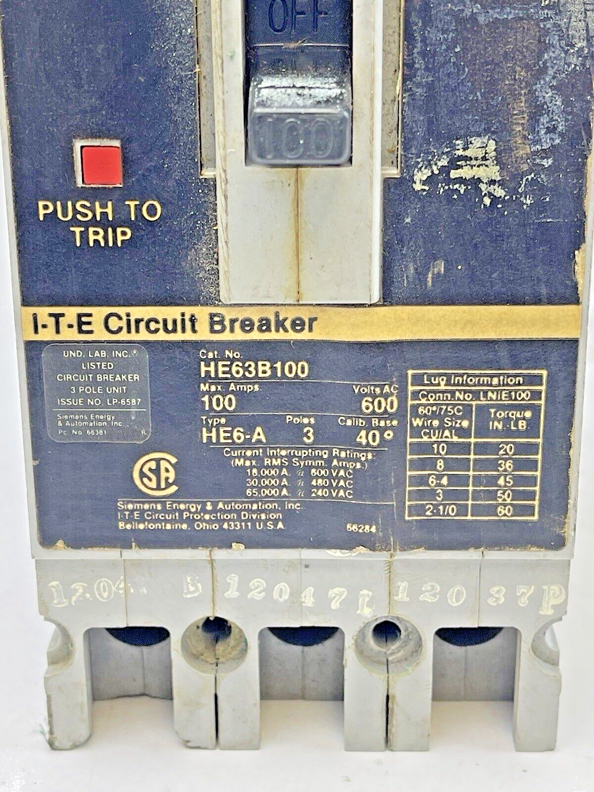 SIEMENS - HE63B100 - CIRCUIT BREAKER - 100 A, 600 VAC, 3 POLE - TYPE HE