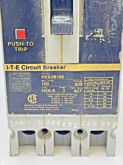 SIEMENS - HE63B100 - CIRCUIT BREAKER - 100 A, 600 VAC, 3 POLE - TYPE HE