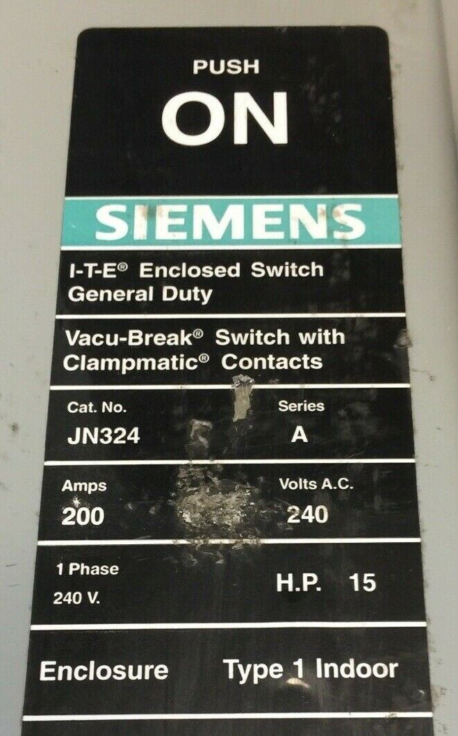 SIEMENS ITE JN324 VACU-BREAK SWITCH WITH CLAMPMATIC CONTACTS SER S 200A 240VAC