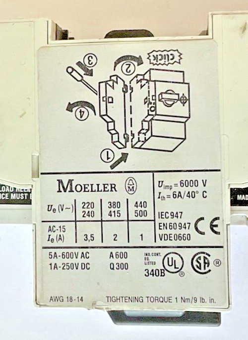 MOELLER PKZM0-6.3 CIRCUIT BREAKER SER.02 600VAC W/NHI11-PKZ0 AUX CONTACT