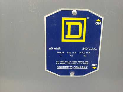 SQ. D D96452 SER. A2 SAFETY SWITCH, 60A, 240V, 2PH, MAX H.P. 20, FUSIBLE, NEW