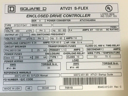 SQUARE D SFD21FG4Y S-FLEX FAN & PUMP DRIVE SER A MOD N06 460V 60HZ ATV21HU40N4