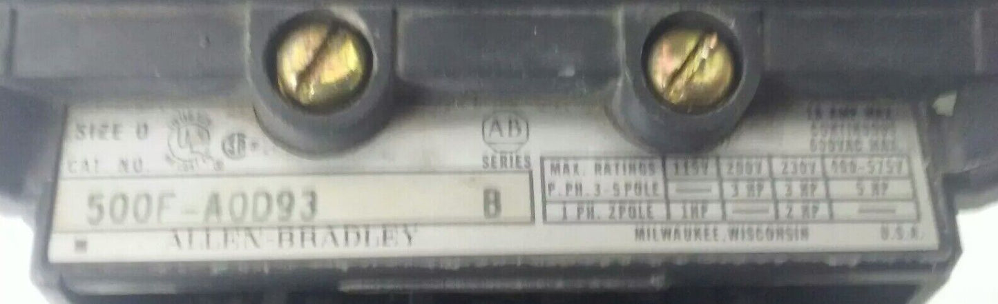 ALLEN BRADLEY 500FL-AOD93 SER.B STARTER, 18A,600V,120V COIL, 5HP, CONTACTS GREAT