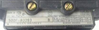 ALLEN BRADLEY 500FL-AOD93 SER.B STARTER, 18A,600V,120V COIL, 5HP, CONTACTS GREAT