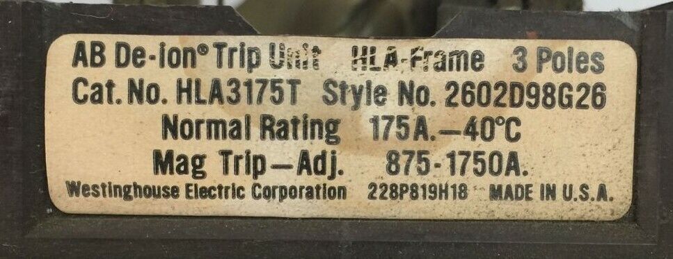 WESTINGHOUSE HLA3175T AB DE-ION TRIP UNIT 175AMP 3POLE MAG TRIP ADJ 875-1750A