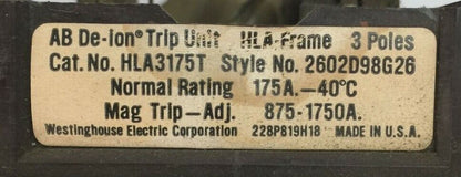 WESTINGHOUSE HLA3175T AB DE-ION TRIP UNIT 175AMP 3POLE MAG TRIP ADJ 875-1750A