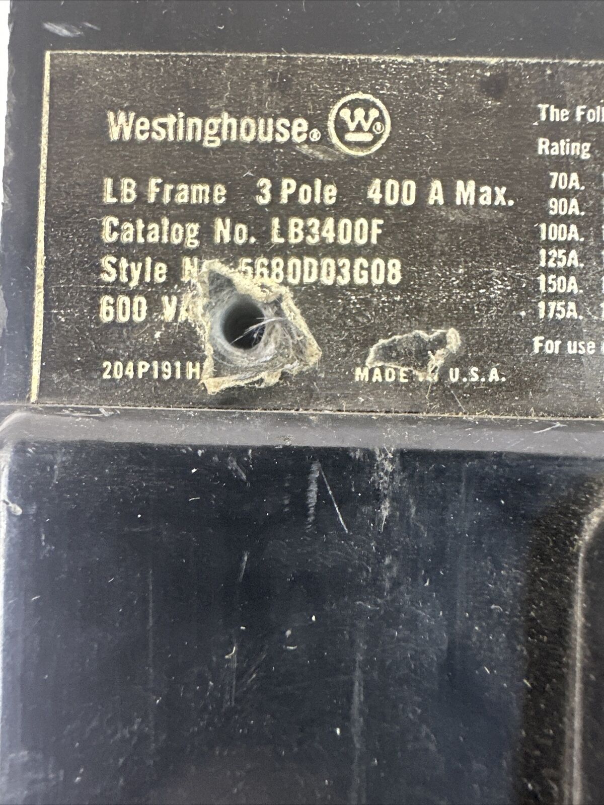WESTINGHOUSE LB3400F CIRCUIT BREAKER 400A FRAME 3POLE 600VAC 100AMP TRIP UNIT
