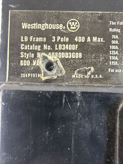 WESTINGHOUSE LB3400F CIRCUIT BREAKER 400A FRAME 3POLE 600VAC 100AMP TRIP UNIT