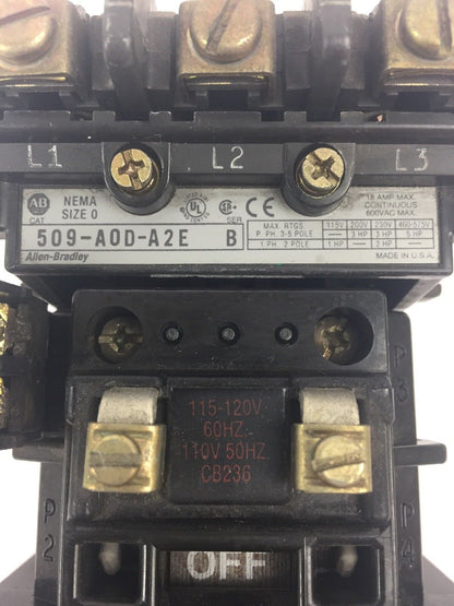 ALLEN BRADLEY 509-A0D-A2E SIZE 0 STARTER 600VAC 18AMP SER B 592-A2EA 1.6-5.0A
