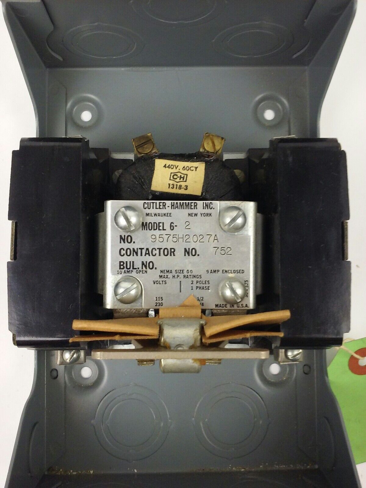 CUTLER HAMMER, 9575H2027, MAGNETIC A.C. RELAY,440V,60HZ,2P, SIZE 00, 9575H, NEW