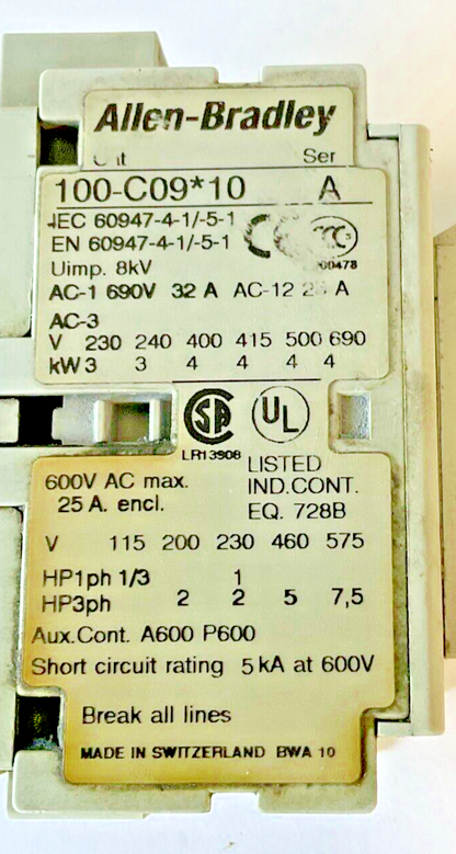 ALLEN BRADLEY 100-C09*10 CONTACTOR SER.A  W/100-F AUX CONTACT SER.A