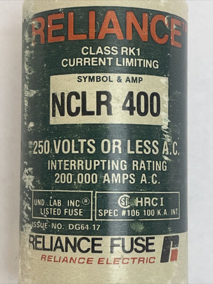 RELIANCE NCLR400 CURRENT LIMITING CLASS RK1 FUSE 250VAC 400AMP