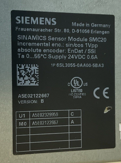 SIEMENS 6SL3055-0AA00-5BA3 SENSOR MODULE SMC20 24VDC 0.6A VER.B