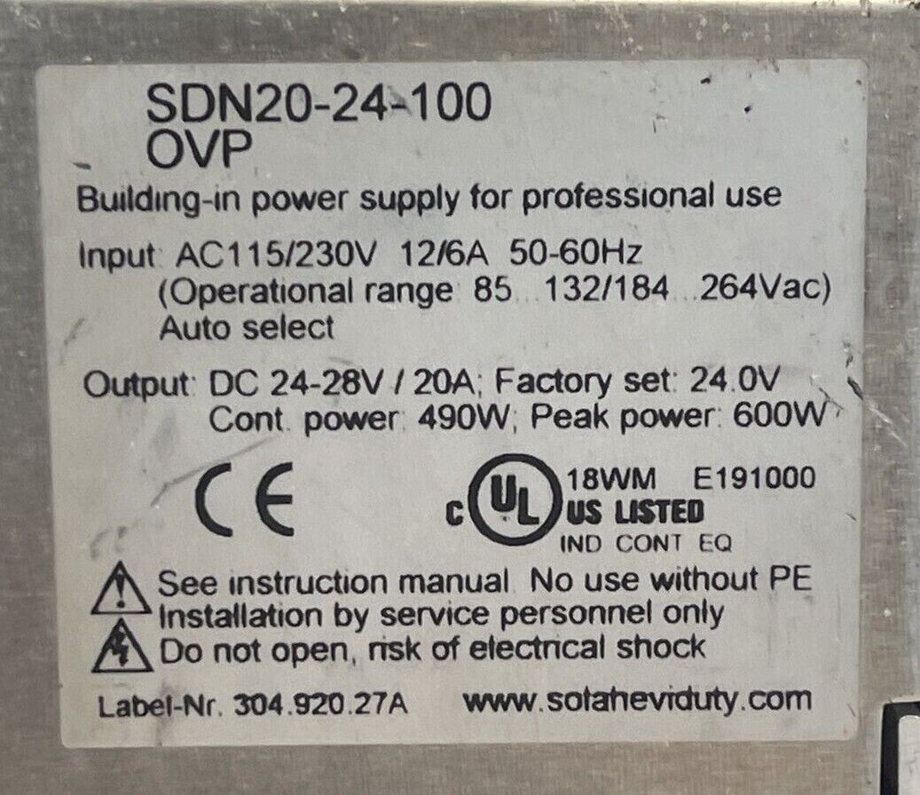 SOLA 20-24-100 OVP POWER SUPPLY OUTPUT 24-28VDC 20A INPUT 115/230VAC12/6A