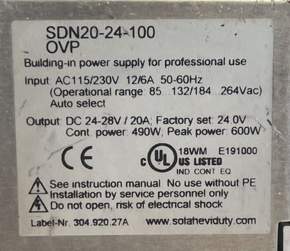 SOLA 20-24-100 OVP POWER SUPPLY OUTPUT 24-28VDC 20A INPUT 115/230VAC12/6A