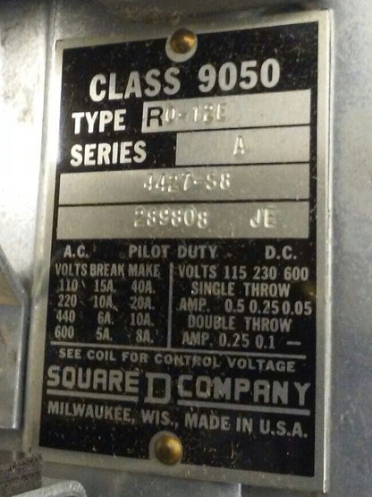 Square D AC Pneumatic Timing Relay 9050 RO-12E 1 POLE 15 AMP 110V (9050RO12E)