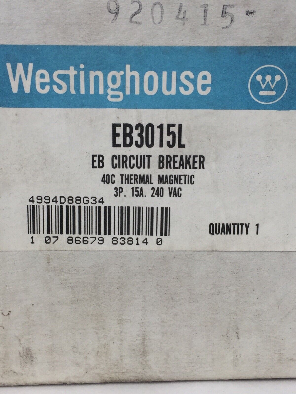 WESTINGHOUSE EB3015L CIRCUIT BREAKER 15AMP 240VAC 3POLE 4994D88G34