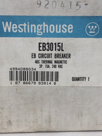 WESTINGHOUSE EB3015L CIRCUIT BREAKER 15AMP 240VAC 3POLE 4994D88G34