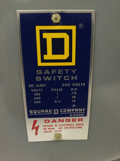 SQUARE D HU-261 SER. D1 SAFETY SWITCH 600VAC/DC 30A SINGLE THROW NON FUSIBLE