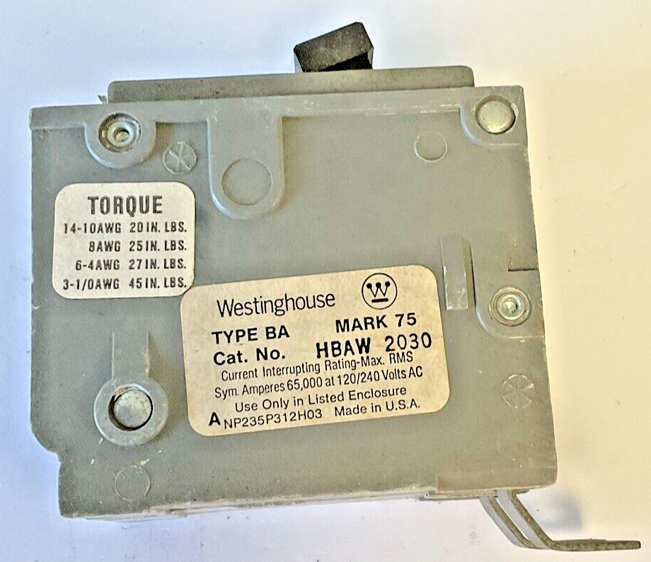 WESTINGHOUSE HBAW 2030 CIRCUIT BREAKER 30A 2POLE 120/240VAC TYPE BA