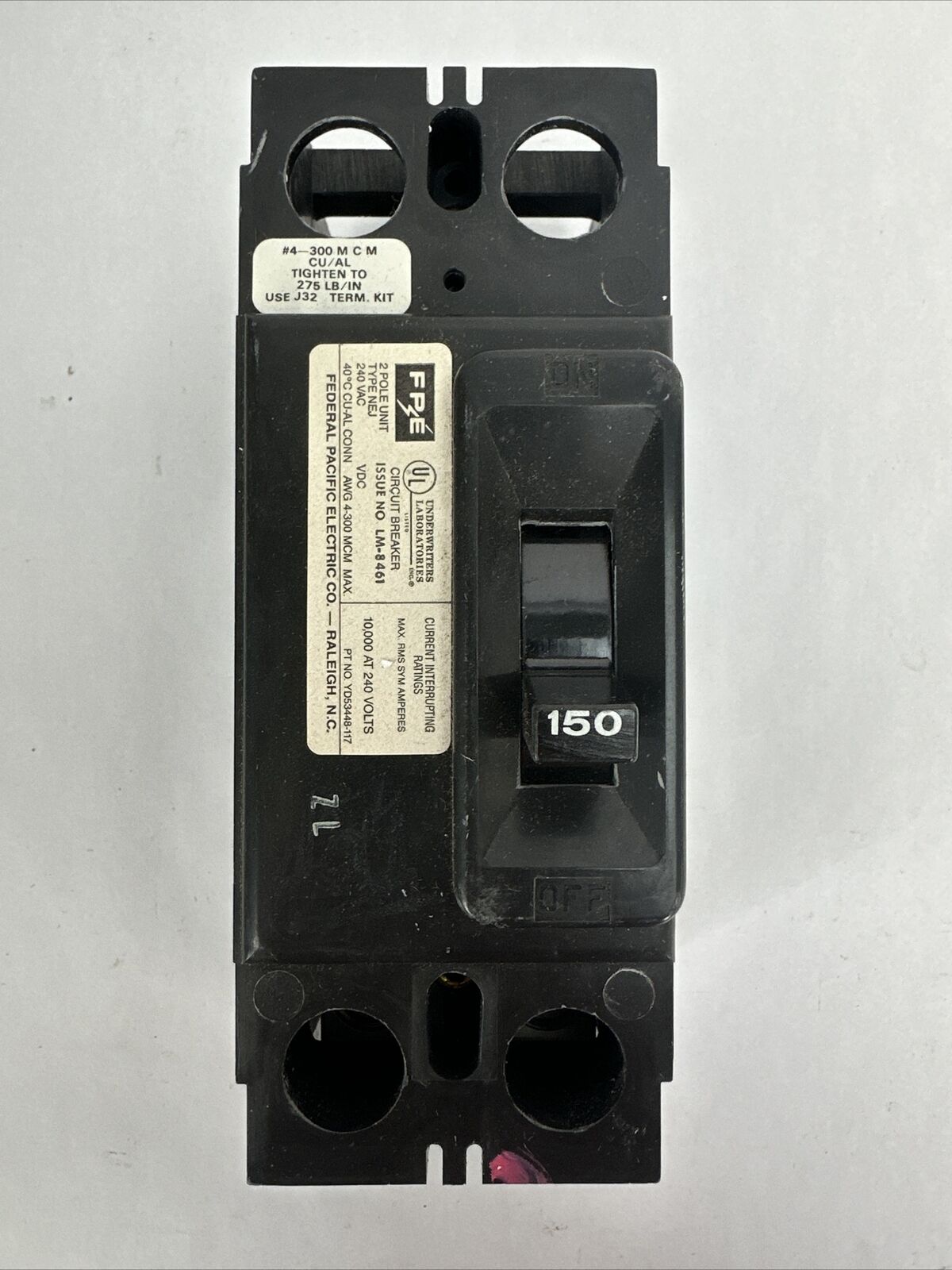 FPE NEJ223150 TYPE AB CIRCUIT BREAKER 2POLE 150AMP 240VAC THERMAL MAGNETIC TRIP