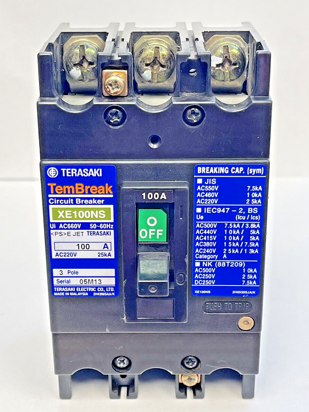 TERASAKI - XE100NS - CIRCUIT BREAKER - 3 POLE, 100 AMP, 50-60Hz, 660 VAC