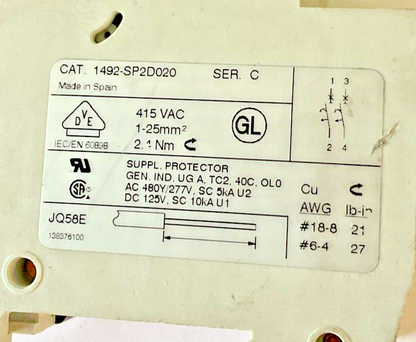 ALLEN BRADLEY 1492-SP2D020 & 1492-SP2D100 CIRCUIT BREAKER SER.C 415VAC
