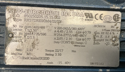 SEW EURODRIVE RX57DRE90M4/IS/TF GEARMOTOR 254/277V 1735/596RPM RATIO 2.91 1.50HP