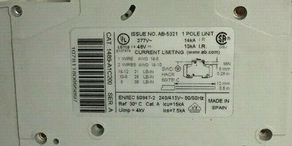 ALLEN BRADLEY 1489-A1C200 SER.A CIRCUIT BREAKER 277VAC 20A ***(LOTOF5)***