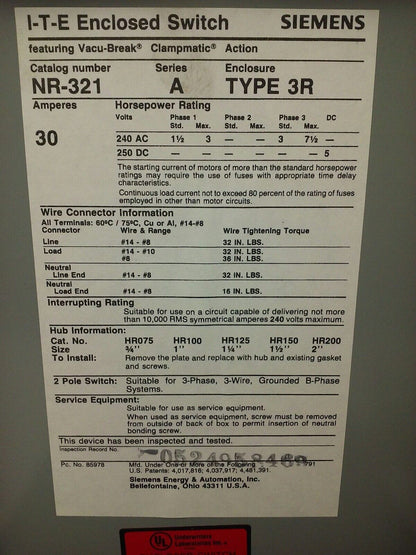 I-T-E SIEMENS NR-321 SER. A, ENCLOSED SWITCH, 30A, 240V, 2PH, TYPE 3R, FUSIBLE